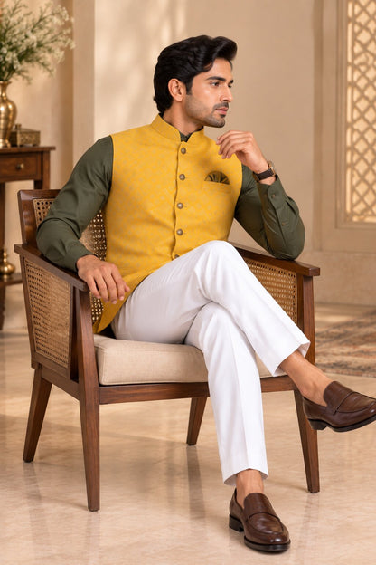 Men’s Yellow Patterned Nehru Jacket Bundi