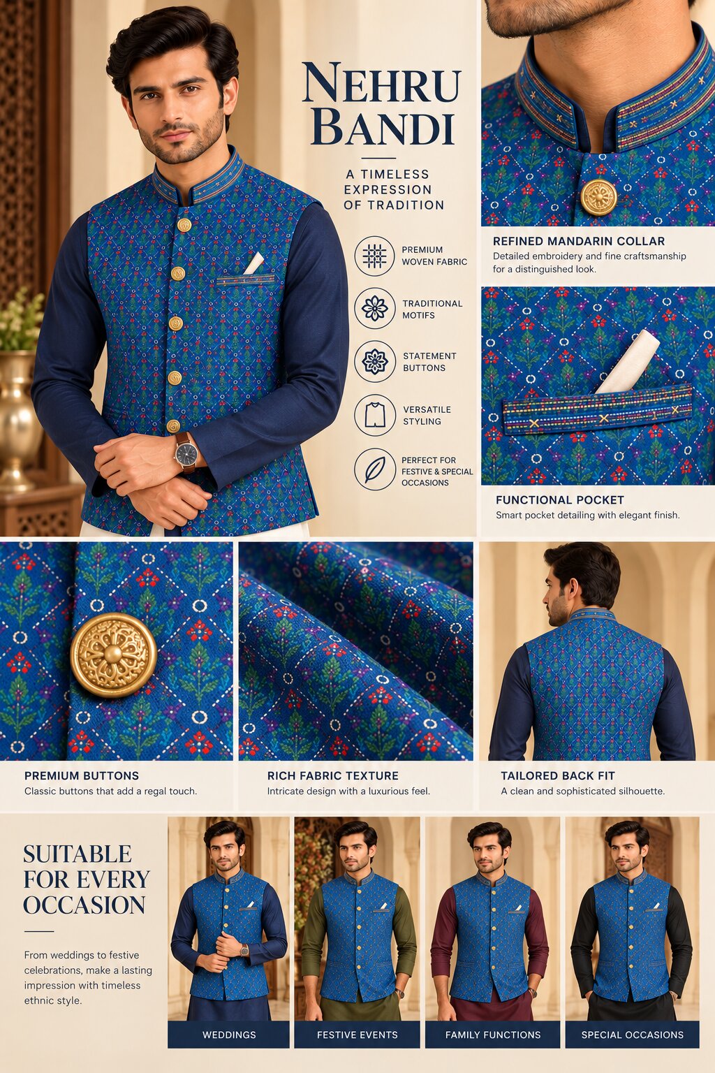 Men’s Navy Blue Printed Nehru Jacket Bundi