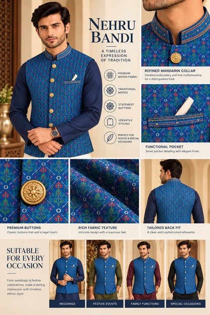 Men’s Navy Blue Printed Nehru Jacket Bundi