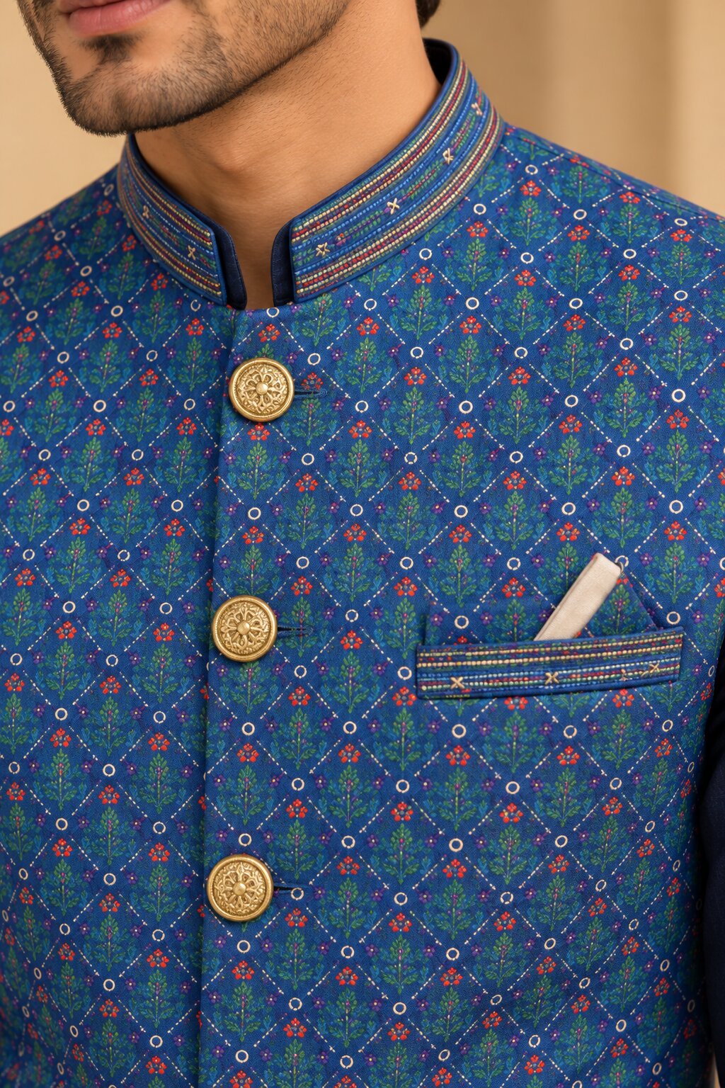 Men’s Navy Blue Printed Nehru Jacket Bundi