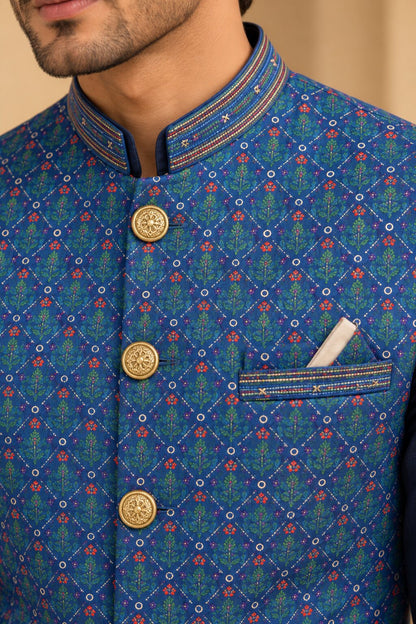 Men’s Navy Blue Printed Nehru Jacket Bundi