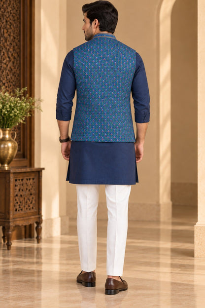 Men’s Navy Blue Printed Nehru Jacket Bundi