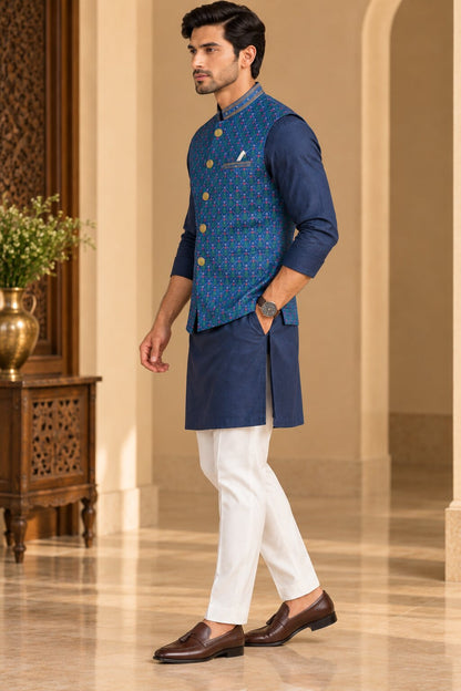 Men’s Navy Blue Printed Nehru Jacket Bundi