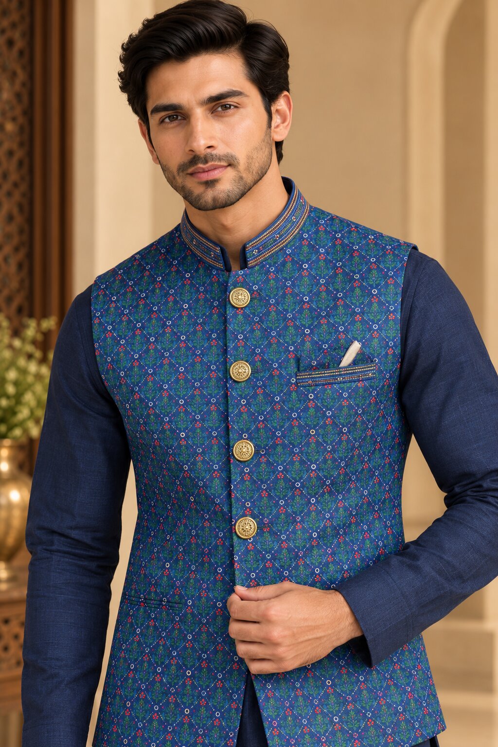 Men’s Navy Blue Printed Nehru Jacket Bundi