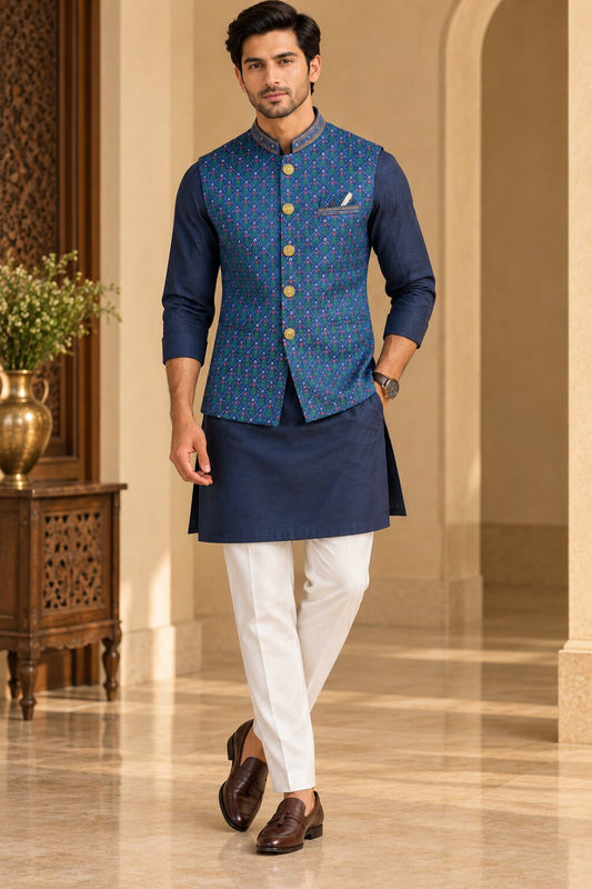 Men’s Navy Blue Printed Nehru Jacket Bundi