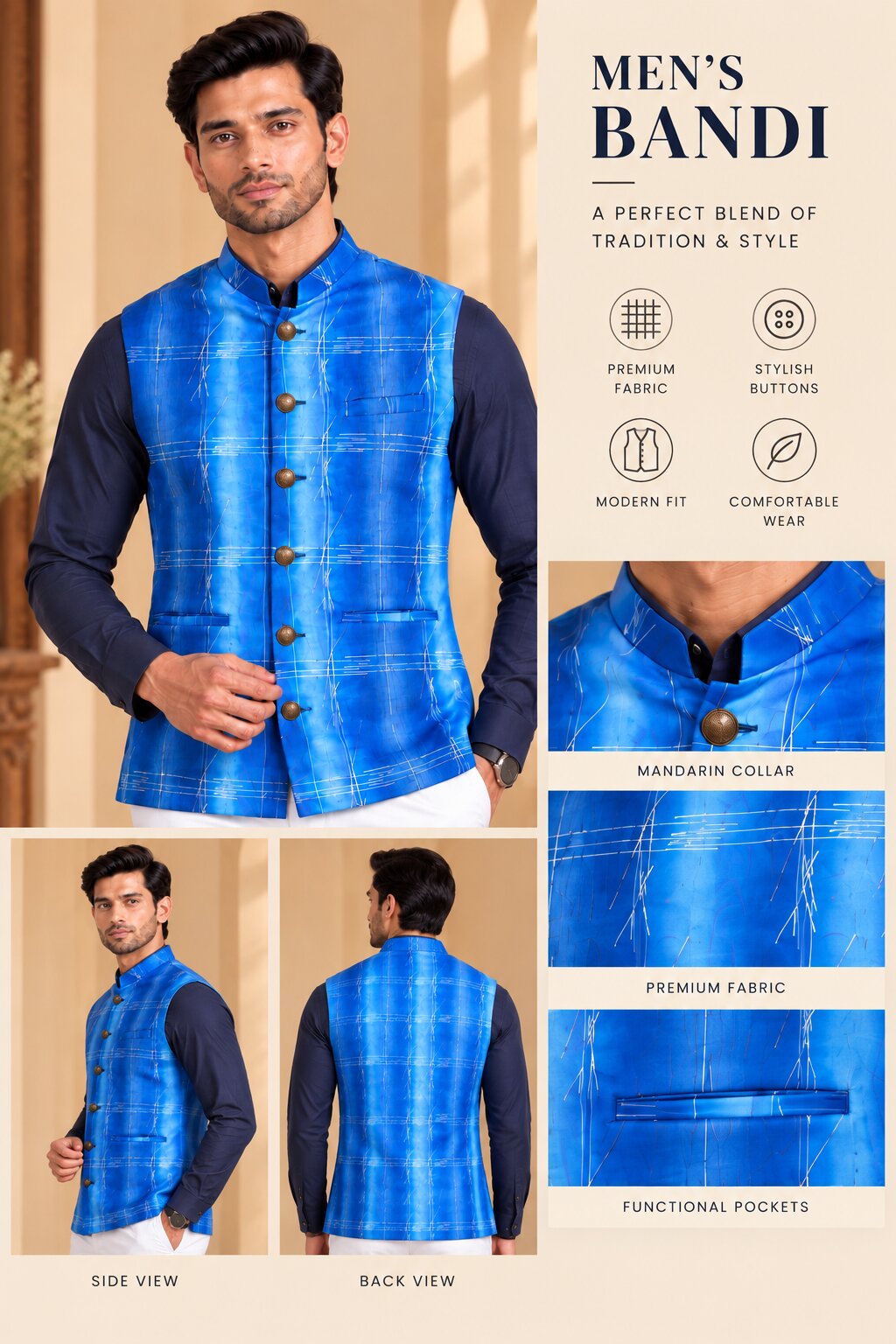 Men’s Sky Blue Printed Nehru Jacket Bundi