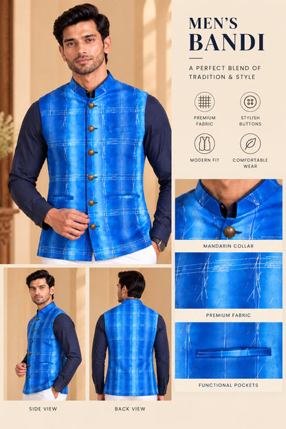 Men’s Sky Blue Printed Nehru Jacket Bundi