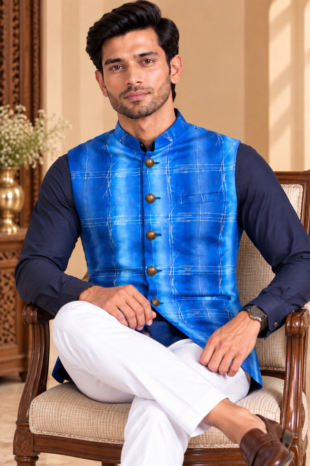 Men’s Sky Blue Printed Nehru Jacket Bundi