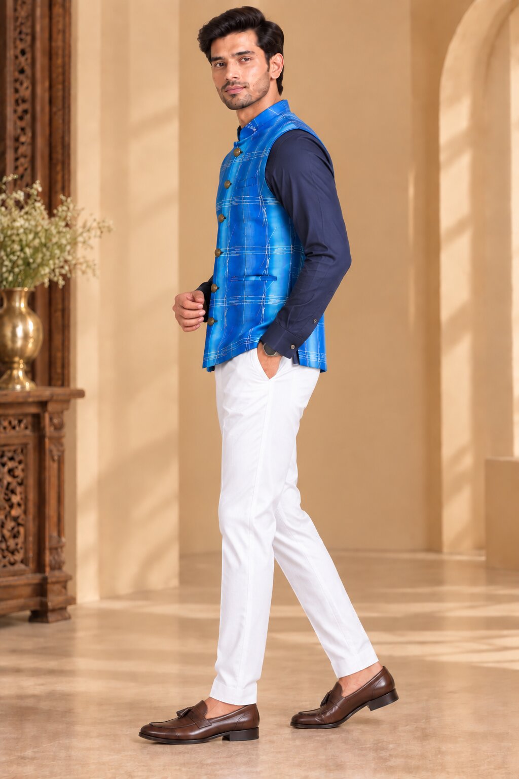 Men’s Sky Blue Printed Nehru Jacket Bundi