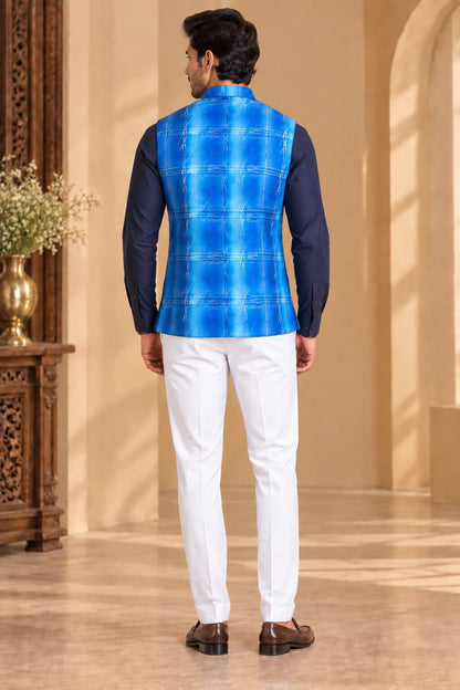 Men’s Sky Blue Printed Nehru Jacket Bundi