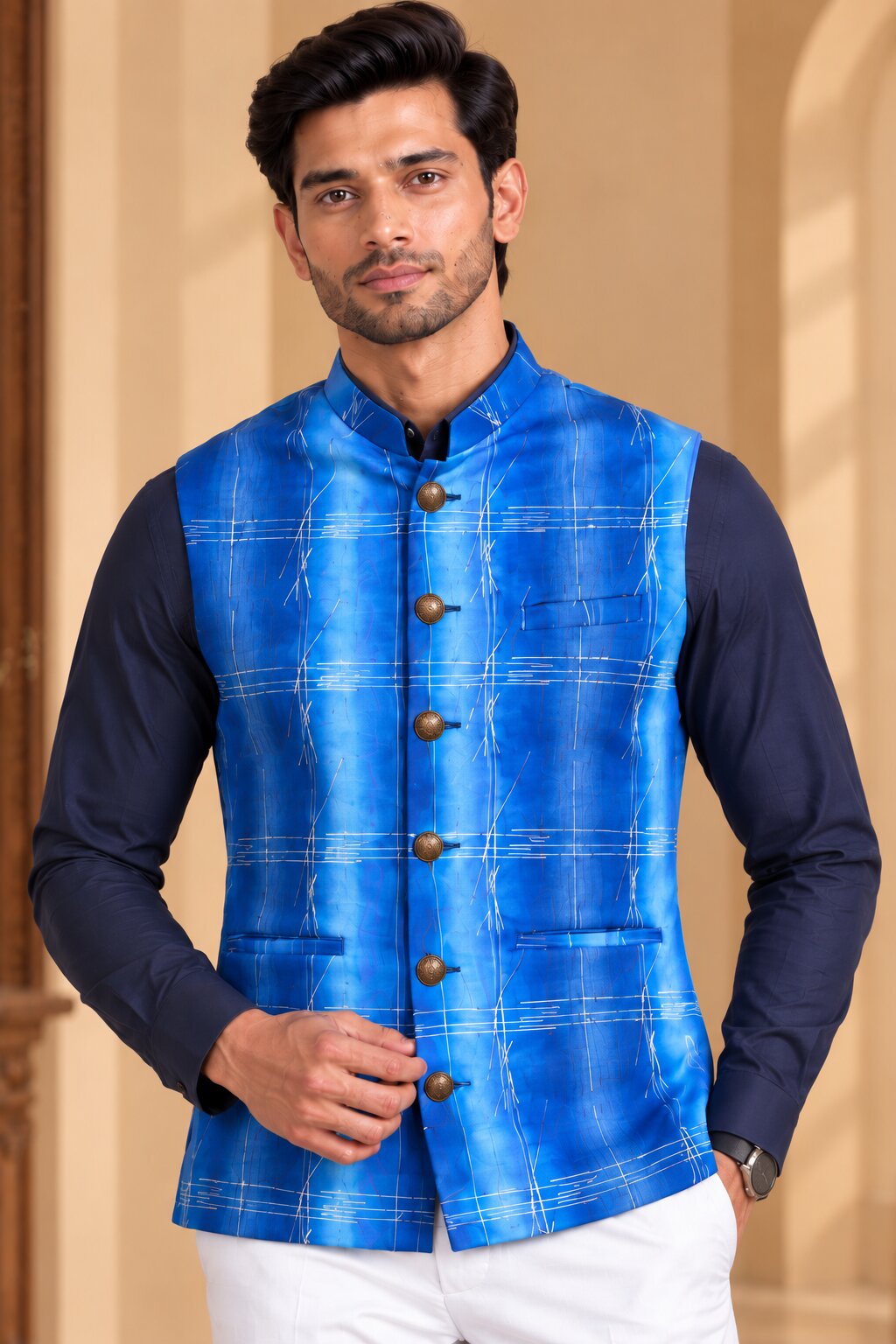 Men’s Sky Blue Printed Nehru Jacket Bundi