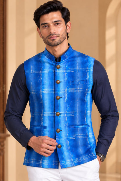 Men’s Sky Blue Printed Nehru Jacket Bundi