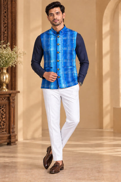 Men’s Sky Blue Printed Nehru Jacket Bundi