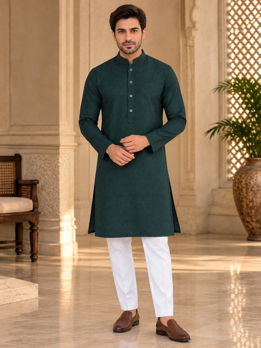 Cotton Kurta - Dark Green- GKRJ87