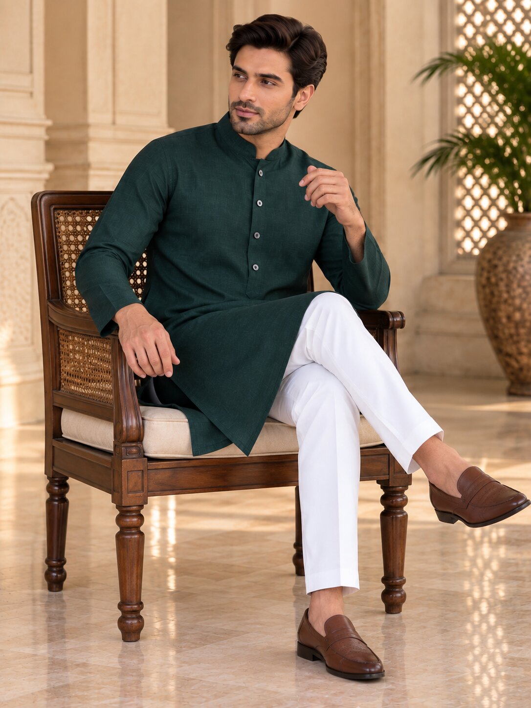 Cotton Kurta - Dark Green- GKRJ87