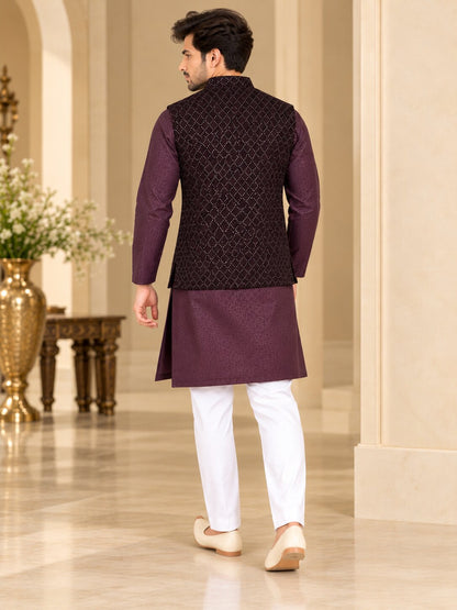 Men Wine Embellished Nehru Jacket