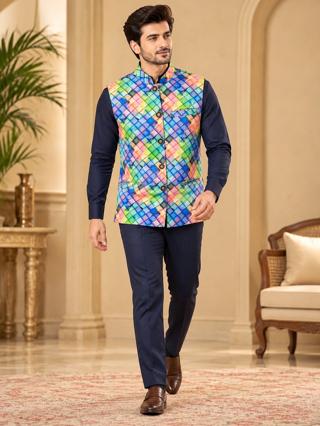 Men Multicolour Geometric Printed Nehru Jacket (Bundi)
