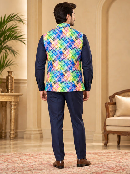 Men Multicolour Geometric Printed Nehru Jacket (Bundi)