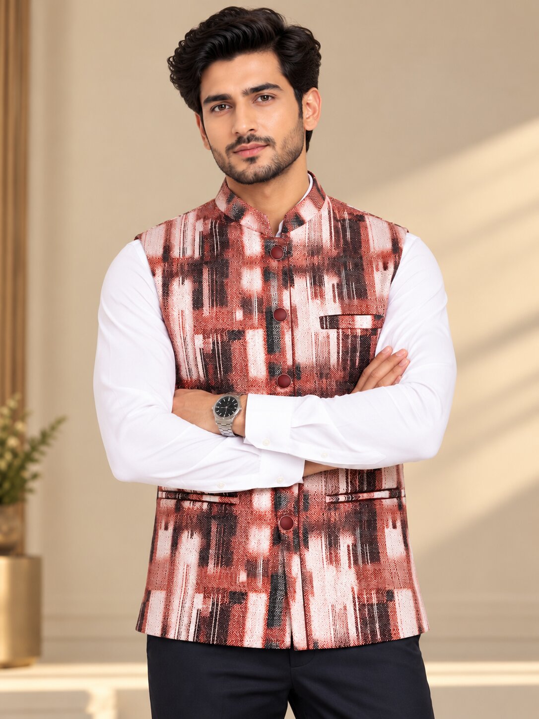 Men Wine Abstract Printed Nehru Jacket (Bundi)