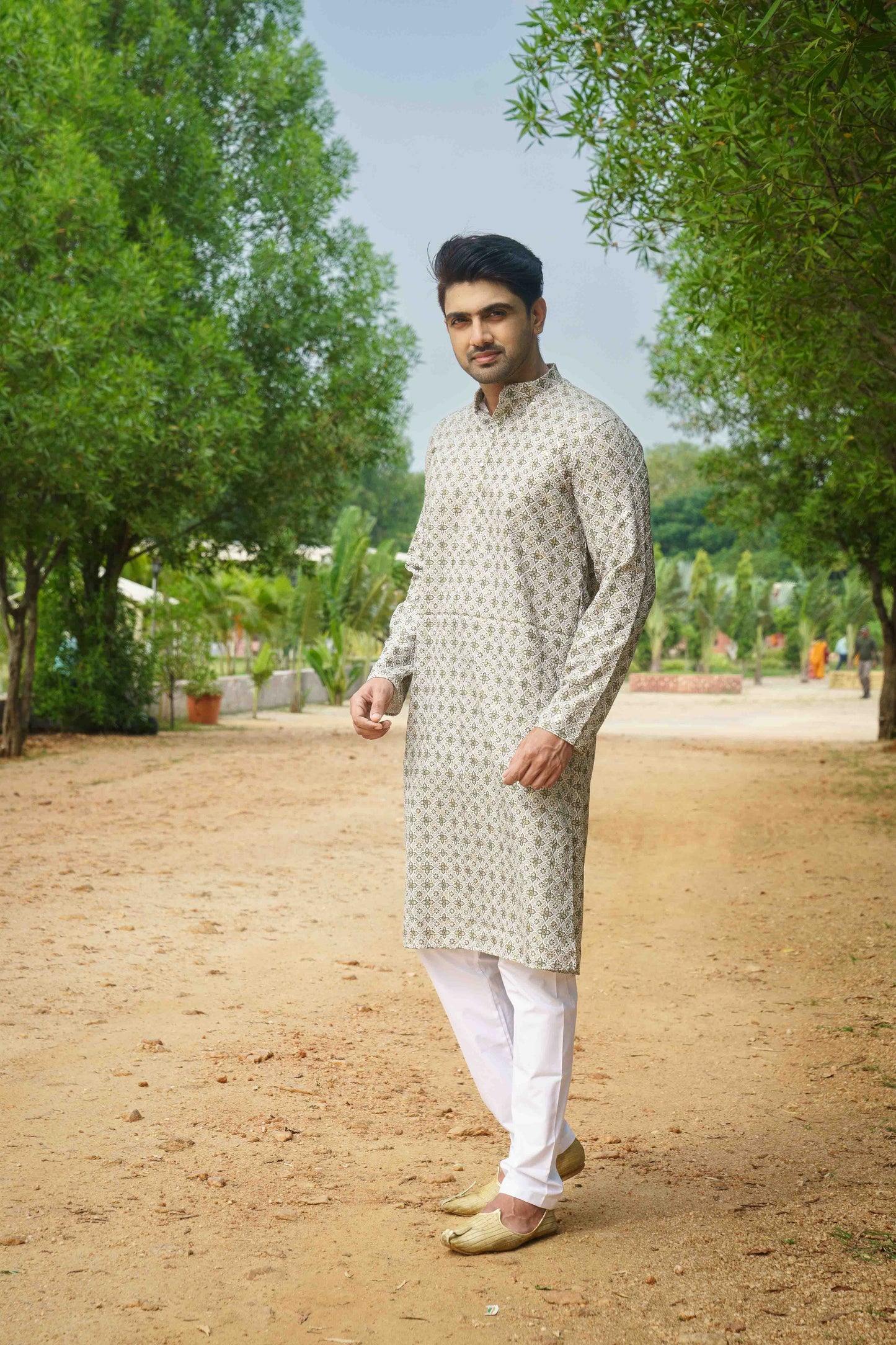 Printed Cotton Kurta - Olive