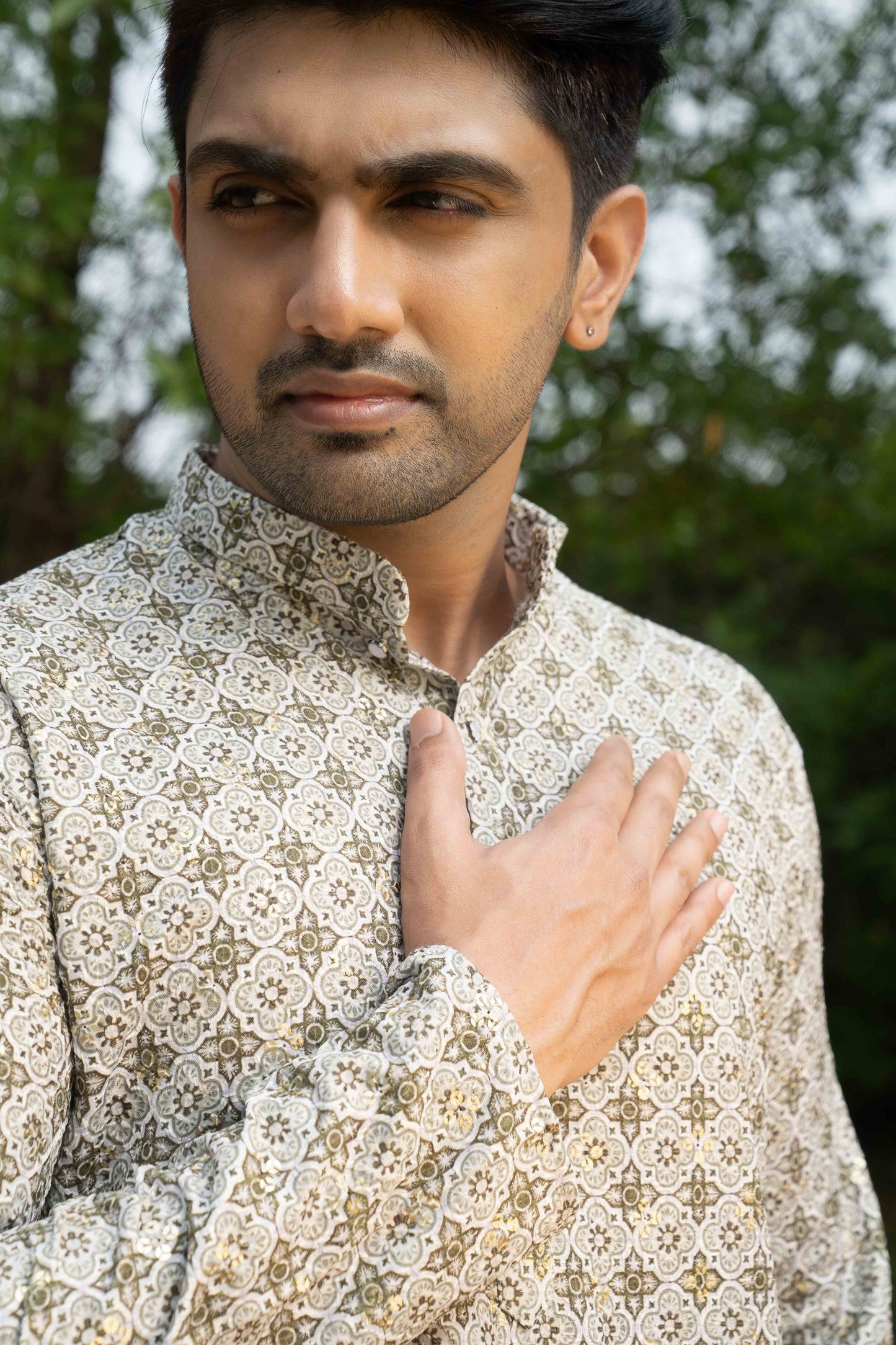 Printed Cotton Kurta - Olive