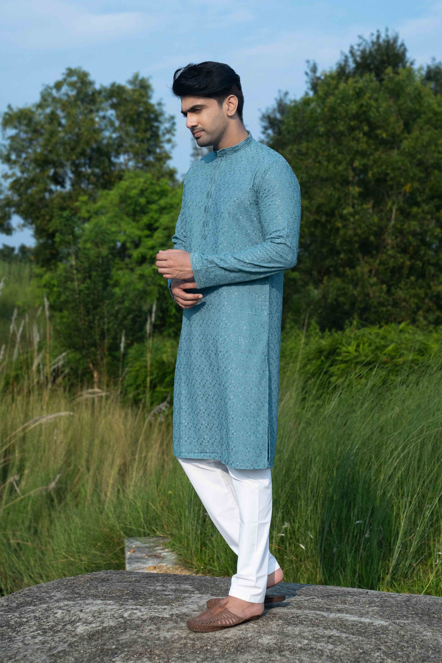 Chikan Kari Kurta - Teal