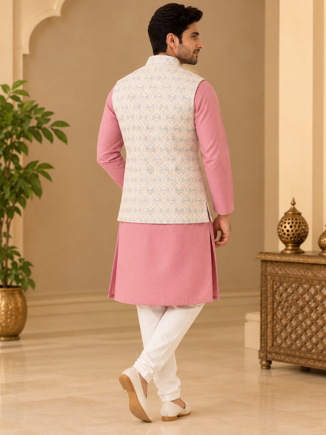 Men Cream Embroidered Nehru Jacket