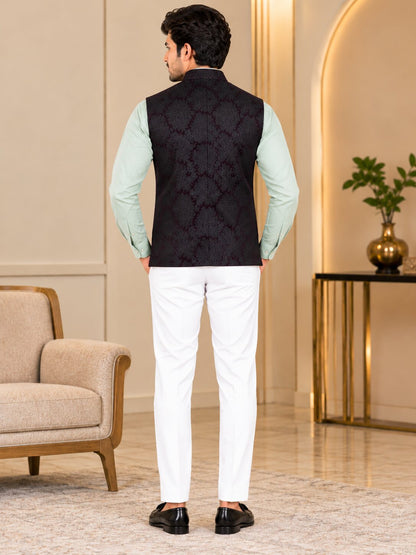 Men Wine Paisley Jacquard Nehru Jacket