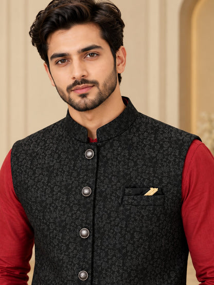 Men Black Floral Printed Nehru Jacket