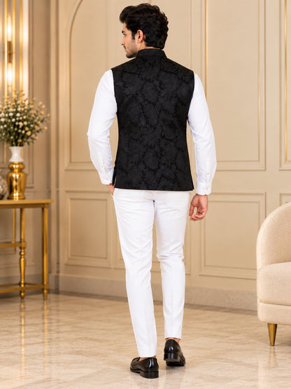 Men Black Paisley Jacquard Nehru Jacket
