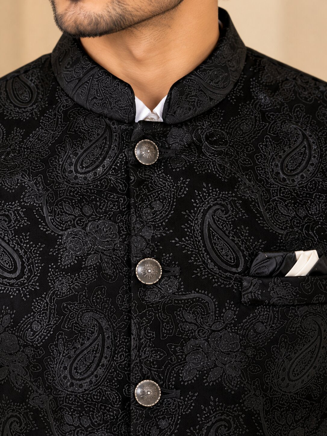 Men Black Paisley Jacquard Nehru Jacket