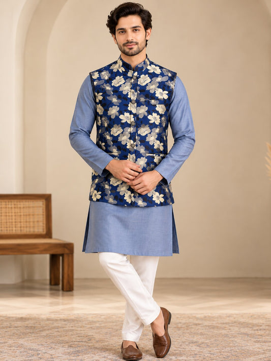 Men's Premium Royal Blue Floral Nehru Jacket (Bundi)