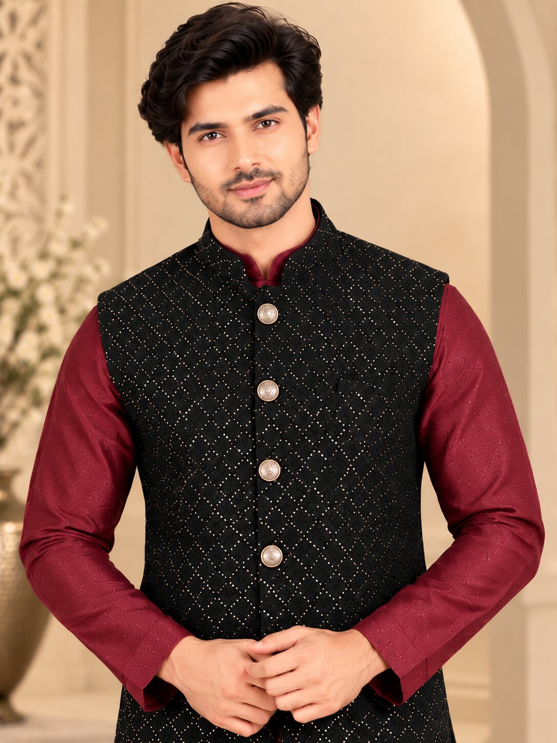 Men Premium Black Textured Embellished Nehru Jacket (Bundi)