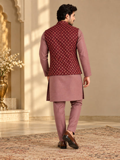 Men's Maroon Printed Nehru Jacket