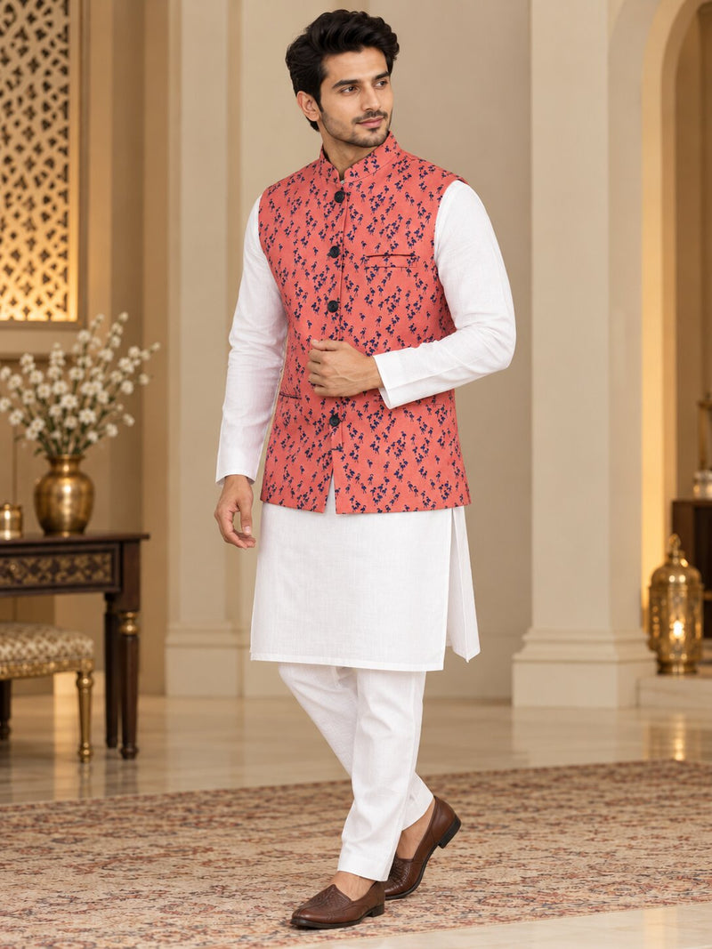 Men Peach Flamingo Printed Nehru Jacket