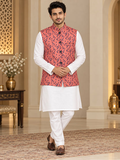 Men Peach Flamingo Printed Nehru Jacket
