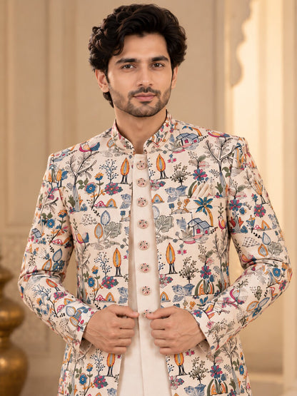 Men Premium Peach Embroidered Front Open Indo Western Sherwani Set