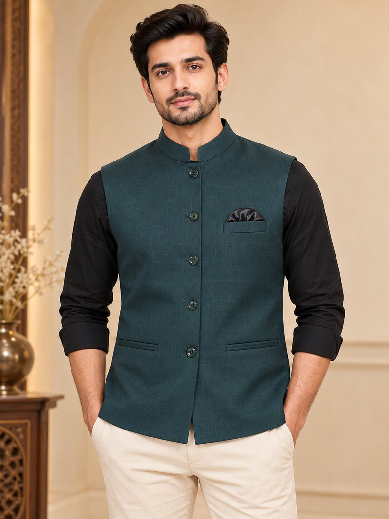 Men Premium Bottle Green Nehru Jacket (Bundi)