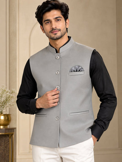 Men Premium Grey Solid Nehru Jacket (Bundi)