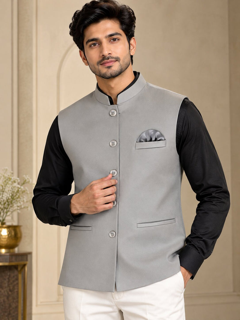 Men Premium Grey Solid Nehru Jacket (Bundi)