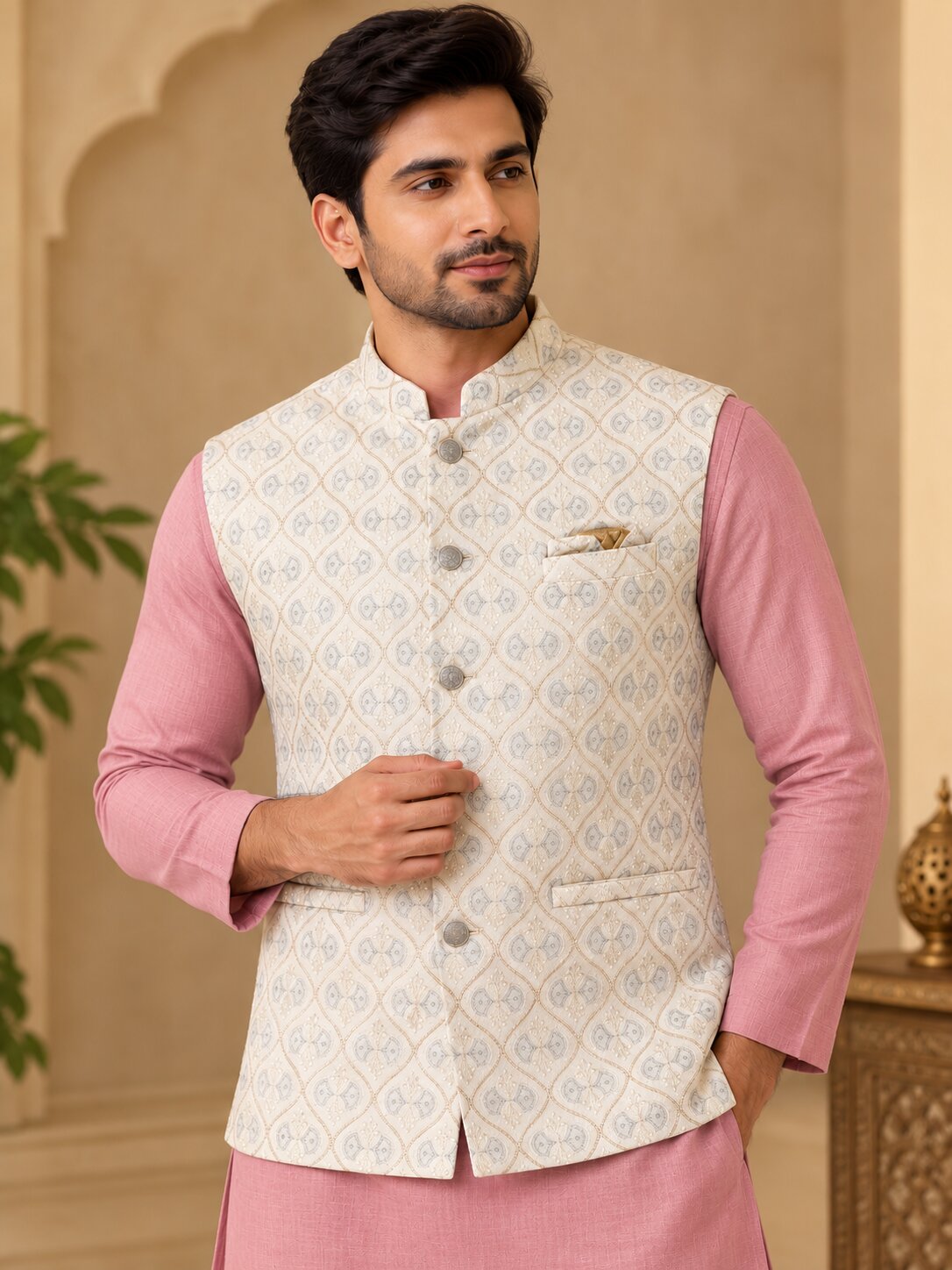 Men Cream Embroidered Nehru Jacket