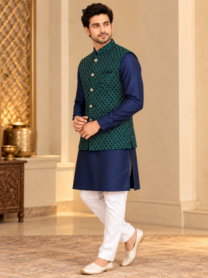 Men's Green Embellished Nehru Jacket