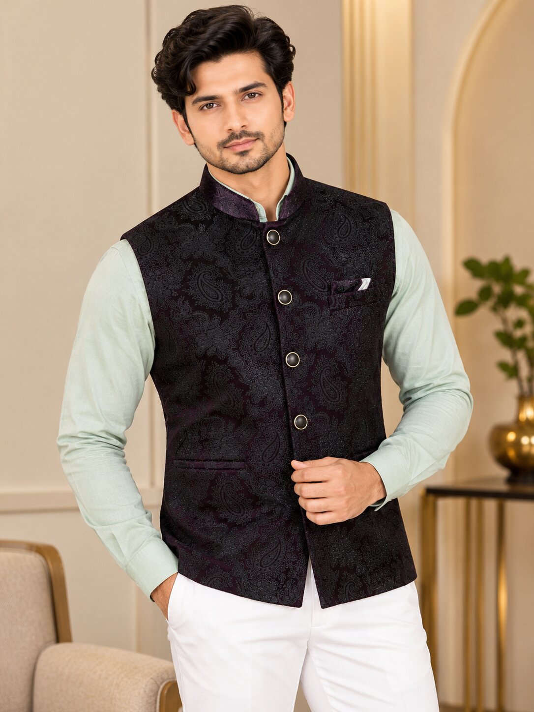 Men Wine Paisley Jacquard Nehru Jacket