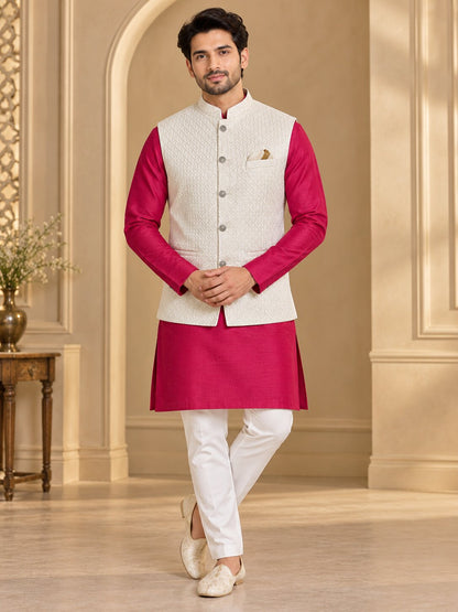 Men Premium Cream Geometric Jacquard Nehru Jacket (Bundi)
