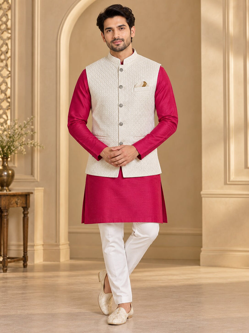 Men Premium Cream Geometric Jacquard Nehru Jacket (Bundi)