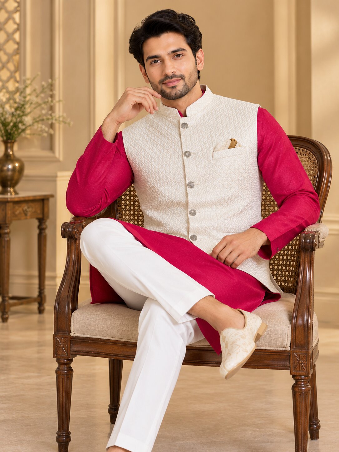 Men Premium Cream Geometric Jacquard Nehru Jacket (Bundi)