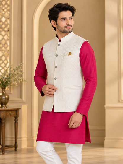 Men Premium Cream Geometric Jacquard Nehru Jacket (Bundi)