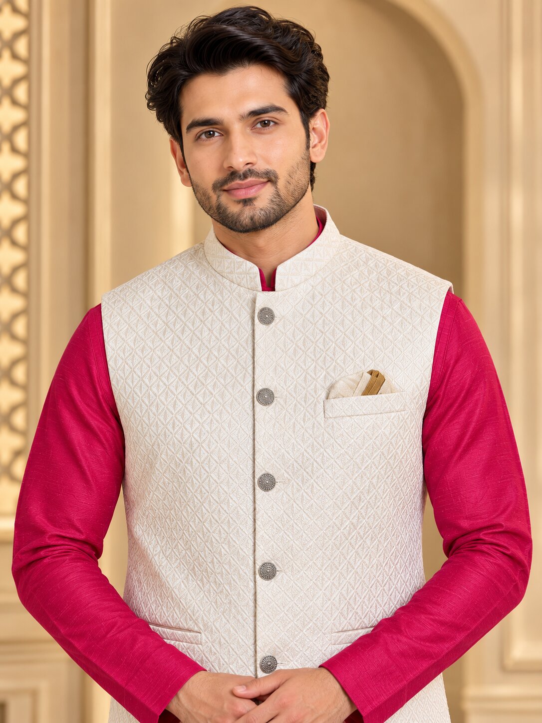 Men Premium Cream Geometric Jacquard Nehru Jacket (Bundi)