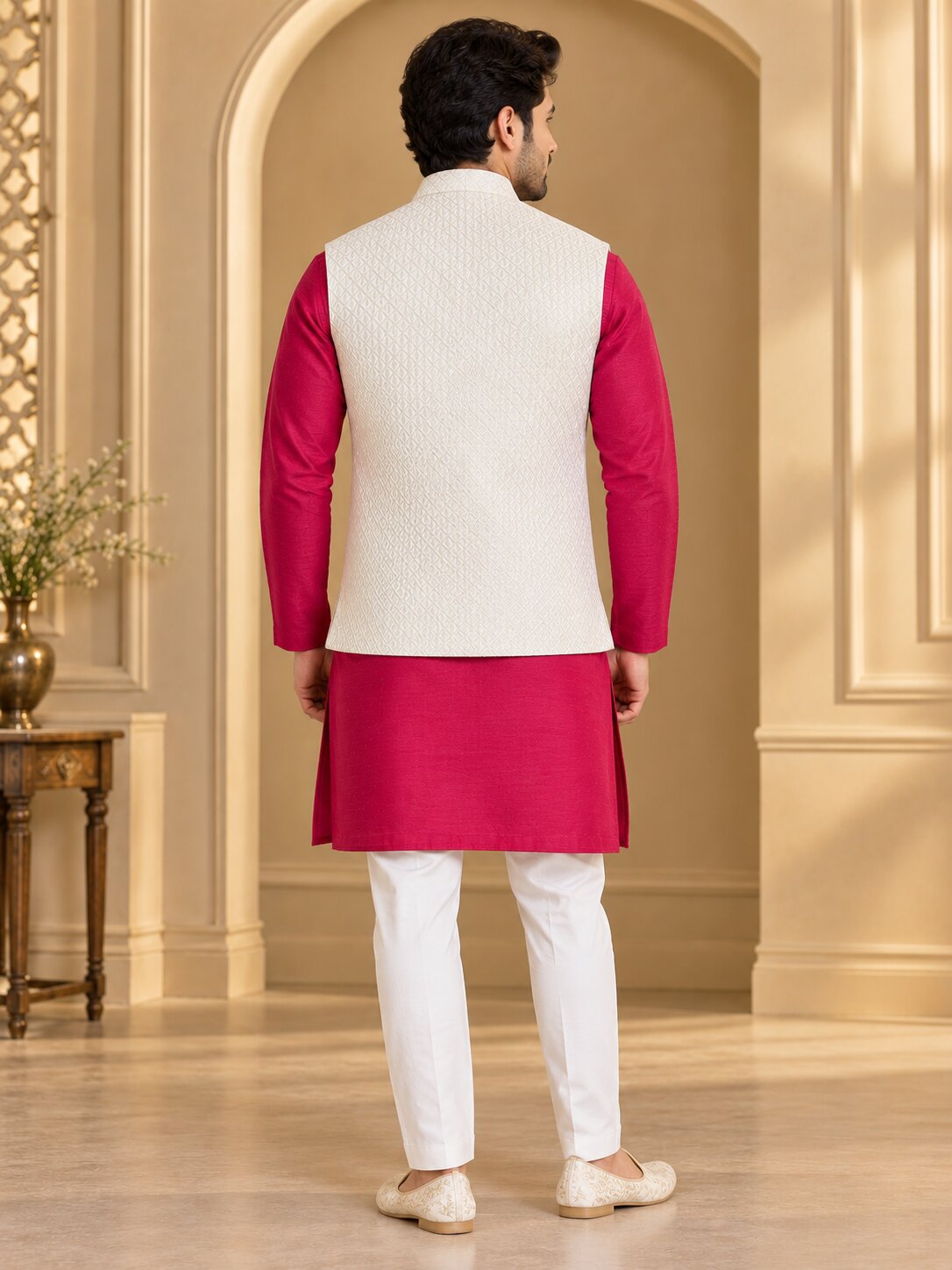 Men Premium Cream Geometric Jacquard Nehru Jacket (Bundi)
