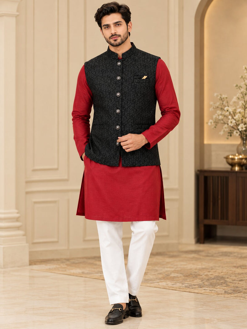 Men Black Floral Printed Nehru Jacket